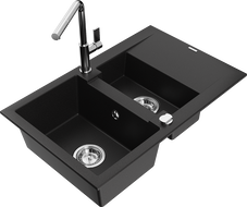 Mexen Gaspar 1.5-bowl granite kitchen sink with drainer and Flora kitchen tap, black - 6507-77-670401-00