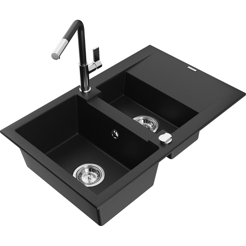Mexen Gaspar granitspüle 1,5-becken mit abtropffläche und küchenarmatur Flora, schwarz - 6507-77-670401-07
