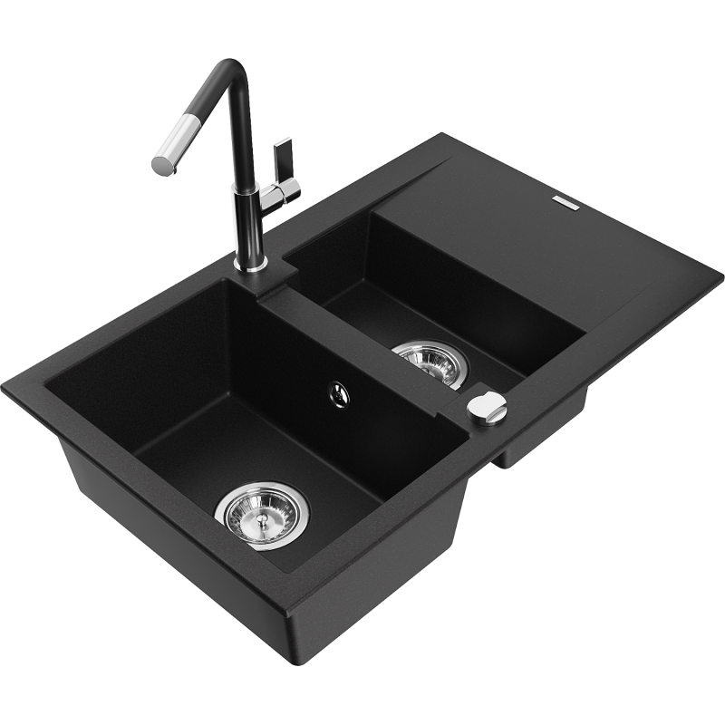 Mexen Gaspar Granitspüle 1,5-beckig mit Abtropffläche und Küchenarmatur Flora, schwarz - 6507-77-670401-07