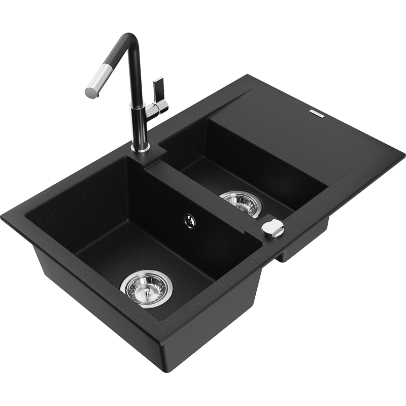 Mexen Gaspar lavello in granito da 1,5 vasche con scolapiatti e rubinetto da cucina Flora, nero - 6507-77-670401-07