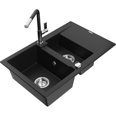 Mexen Gaspar fregadero de granito de 1,5 cubetas con escurridor y grifo de cocina Flora, negro - 6507-77-670401-07