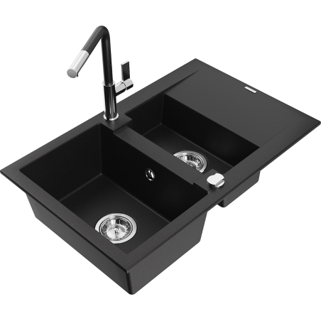 Mexen Gaspar Granitspüle 1,5-beckig mit Abtropffläche und Küchenarmatur Flora, schwarz - 6507-77-670401-07