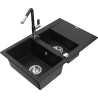 Mexen Gaspar granite sink 1.5-bowl with drainer and Flora kitchen tap, black - 6507-77-670401-07