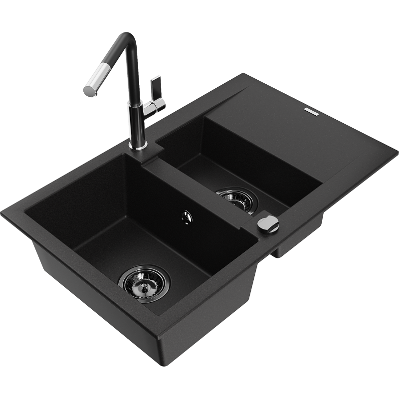 Mexen Gaspar granite sink 1.5-bowl with drainer and kitchen tap Flora, black - 6507-77-670401-07-B