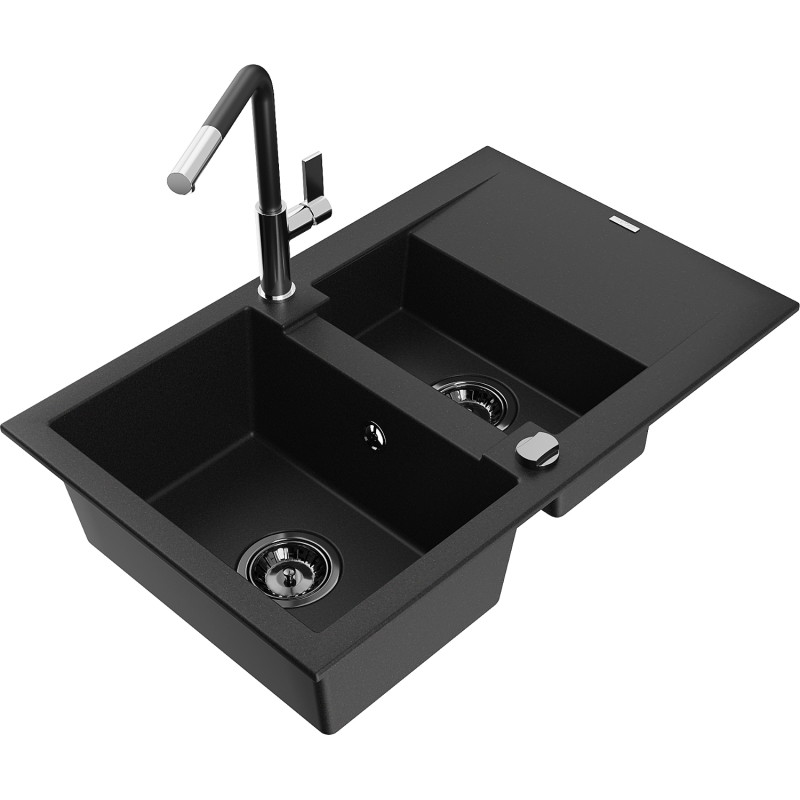 Mexen Gaspar granitspüle 1,5-becken mit abtropffläche und küchenarmatur Flora, schwarz - 6507-77-670401-07-B