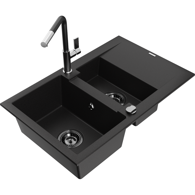 Mexen Gaspar lavello in granito a 1,5 vasche con scolapiatti e rubinetto da cucina Flora, nero - 6507-77-670401-07-B
