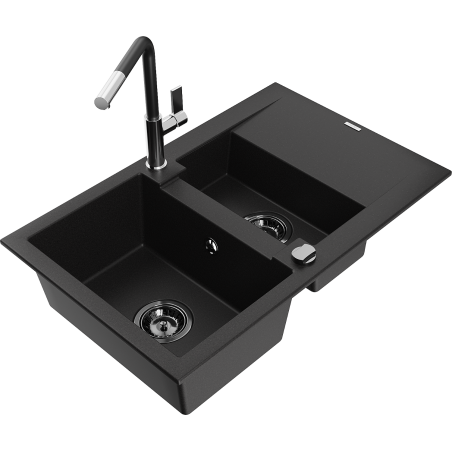 Mexen Gaspar fregadero de granito de 1,5 senos con escurridor y grifo de cocina Flora, negro - 6507-77-670401-07-B