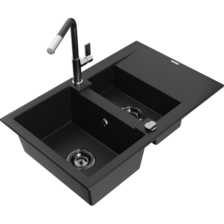 Mexen Gaspar granite sink 1.5-bowl with drainer and kitchen tap Flora, black - 6507-77-670401-07-B