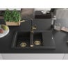 Mexen Gaspar Granitspüle 1,5-schüssig mit Abtropffläche und Küchenarmatur Flora, schwarz - 6507-77-670401-57-G