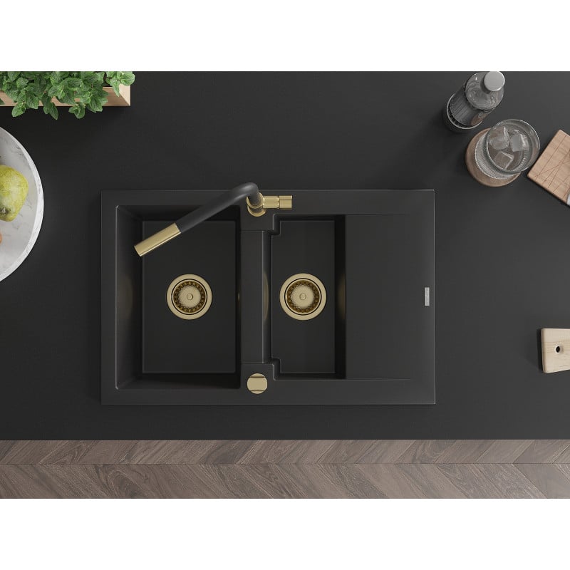 Mexen Gaspar lava-loiça em granito com 1,5 câmara e escorredor e torneira de cozinha Flora, preto - 6507-77-670401-57-G