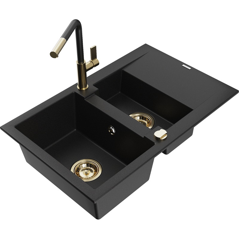 Mexen Gaspar granitspüle 1,5-becken mit abtropffläche und kücharmatur Flora, schwarz - 6507-77-670401-57-G