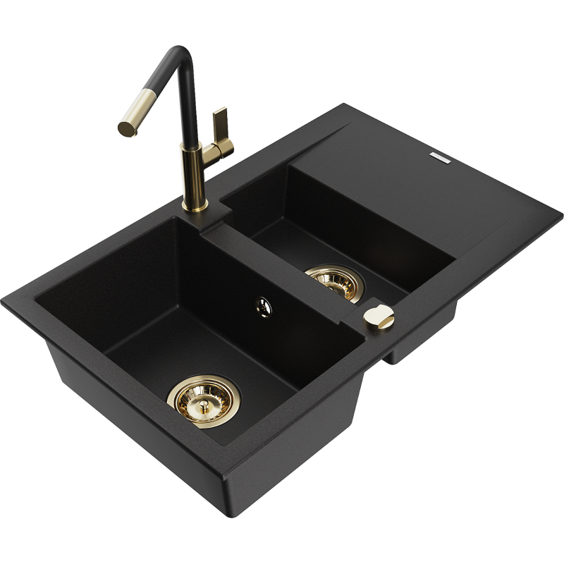 Mexen Gaspar Granitspüle 1,5-schüssig mit Abtropffläche und Küchenarmatur Flora, schwarz - 6507-77-670401-57-G