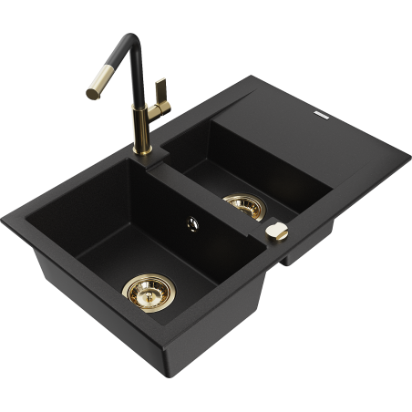 Mexen Gaspar fregadero de granito 1,5 senos con escurridor y grifo de cocina Flora, negro - 6507-77-670401-57-G