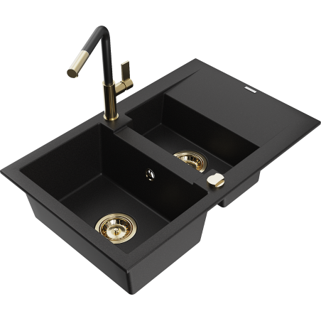 Mexen Gaspar granite sink 1.5-bowl with drainer and Flora kitchen tap, black - 6507-77-670401-57-G