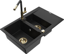 Mexen Gaspar granite sink 1.5-bowl with drainer and Flora kitchen faucet, black - 6507-77-670401-57-G