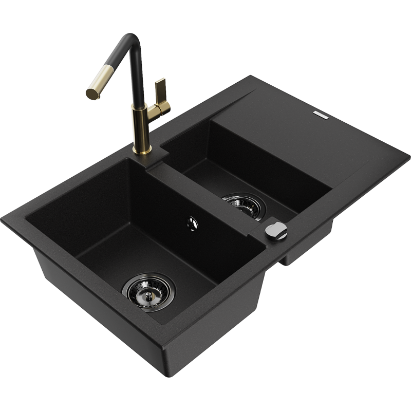 Mexen Gaspar fregadero de granito 1,5 senos con escurridor y grifo de cocina Flora, negro - 6507-77-670401-57-B