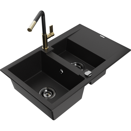 Mexen Gaspar Granitspüle 1,5-Becken mit Abtropffläche und Küchenarmatur Flora, schwarz - 6507-77-670401-57-B