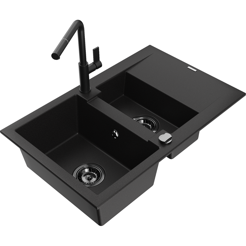 Mexen Gaspar fregadero de granito 1,5 senos con escurridor y grifo de cocina Flora, negro - 6507-77-670401-70-B