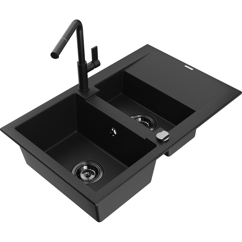Mexen Gaspar granite sink 1.5-bowl with drainer and Flora kitchen tap, black - 6507-77-670401-70-B