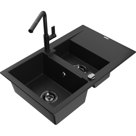 Mexen Gaspar fregadero de granito 1,5 senos con escurridor y grifo de cocina Flora, negro - 6507-77-670401-70-B