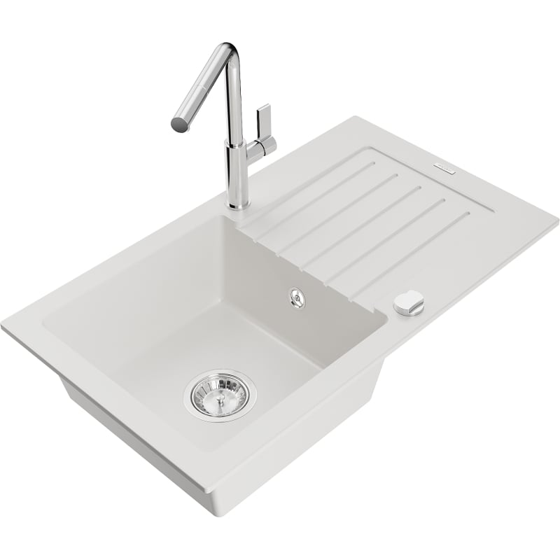 Mexen Pablo 1-bowl granite kitchen sink with drainer and Flora kitchen faucet, white - 6510-20-670401-00