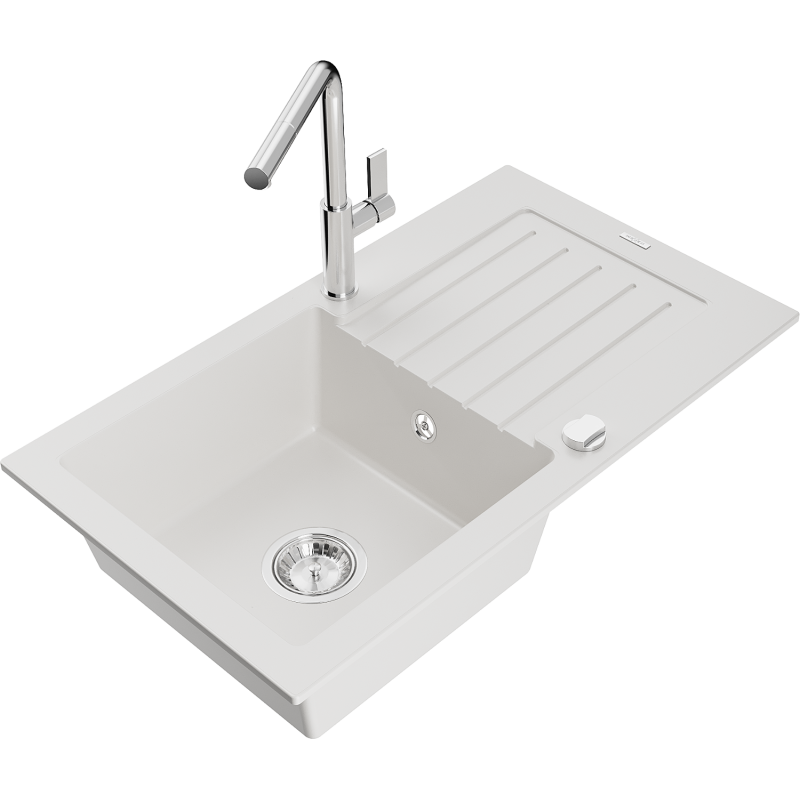 Mexen Pablo single-bowl granite sink with drainer and Flora kitchen tap, white - 6510-20-670401-00