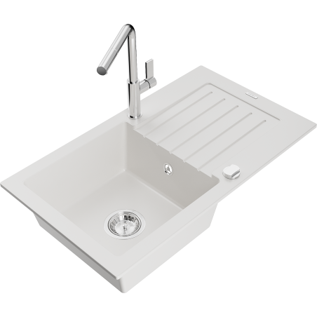 Mexen Pablo single-bowl granite sink with drainer and Flora kitchen tap, white - 6510-20-670401-00