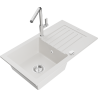 Mexen Pablo single-bowl granite sink with drainer and Flora kitchen tap, white - 6510-20-670401-00