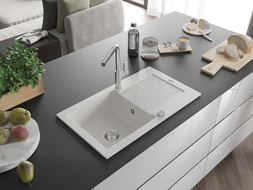 Mexen Pablo granieten spoelbak 1-komor met afdruiprek en keukenkraan Flora, wit - 6510-20-670401-00