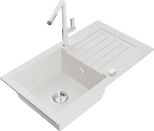 Mexen Pablo 1-bowl granite kitchen sink with drainer and Flora kitchen tap, white - 6510-20-670401-02