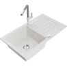 Mexen Pablo granite sink 1-bowl with drainer and Flora kitchen tap, white - 6510-20-670401-06