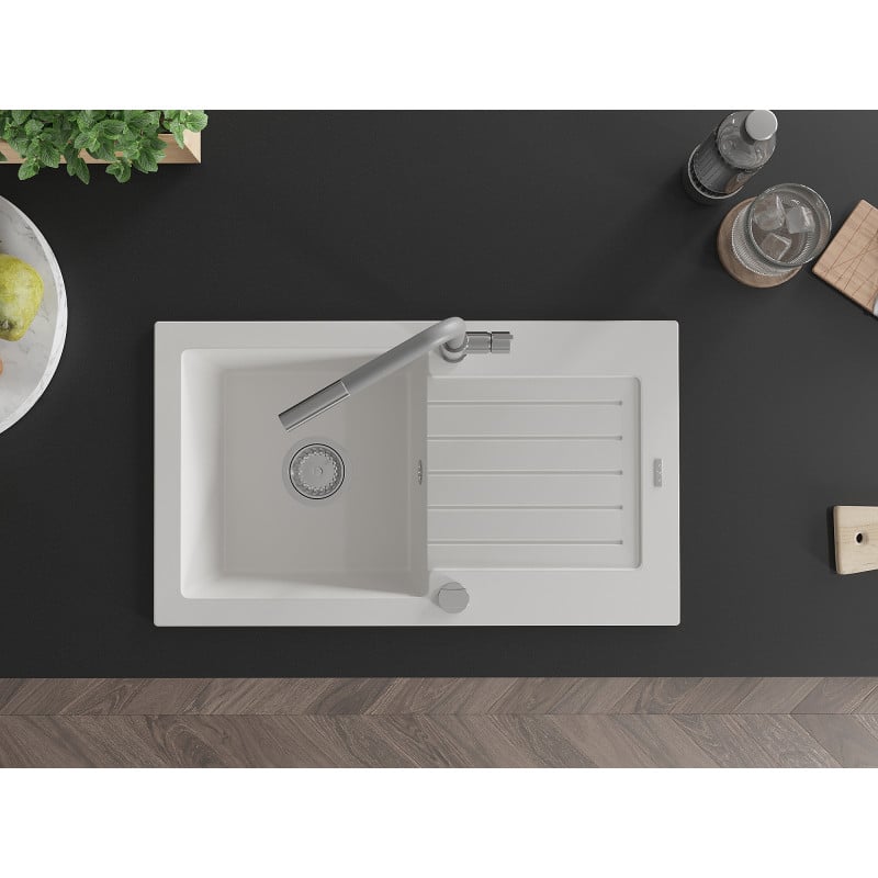 Mexen Pablo fregadero de granito de 1 cubeta con escurridor y grifo de cocina Flora, blanco - 6510-20-670401-06