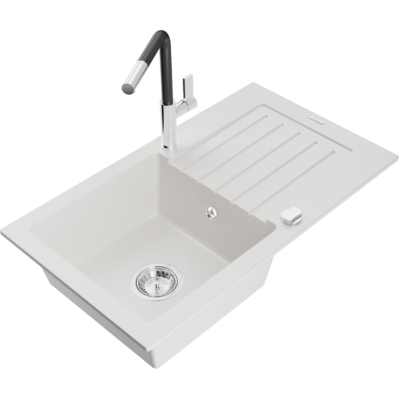 Mexen Pablo 1-bowl granite sink with drainer and Flora kitchen tap, white - 6510-20-670401-07