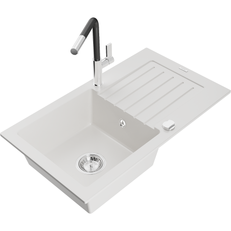Mexen Pablo 1-bowl granite sink with drainer and Flora kitchen tap, white - 6510-20-670401-07