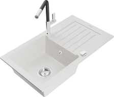 Mexen Pablo 1-bowl granite sink with drainer and Flora kitchen tap, white - 6510-20-670401-07