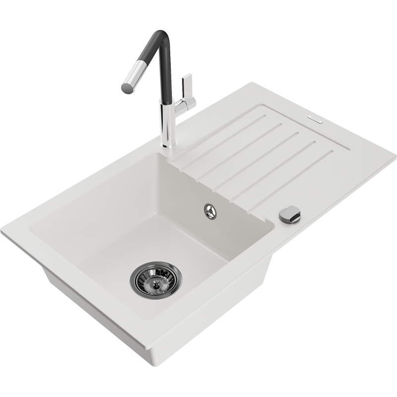 Mexen Pablo Granite Sink 1-Bowl with Drainer and Flora Kitchen Mixer Tap, White - 6510-20-670401-07-B