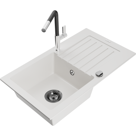 Mexen Pablo Granite Sink 1-Bowl with Drainer and Flora Kitchen Mixer Tap, White - 6510-20-670401-07-B