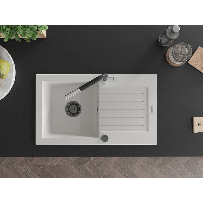 Mexen Pablo Granite Sink 1-Bowl with Drainer and Flora Kitchen Mixer Tap, White - 6510-20-670401-07-B