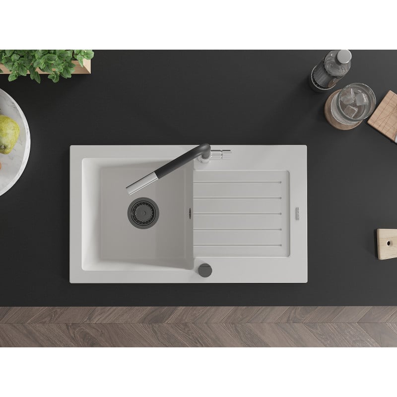 Mexen Pablo Granitspüle 1-Becken mit Abtropffläche und Küchenarmatur Flora, weiß - 6510-20-670401-07-B