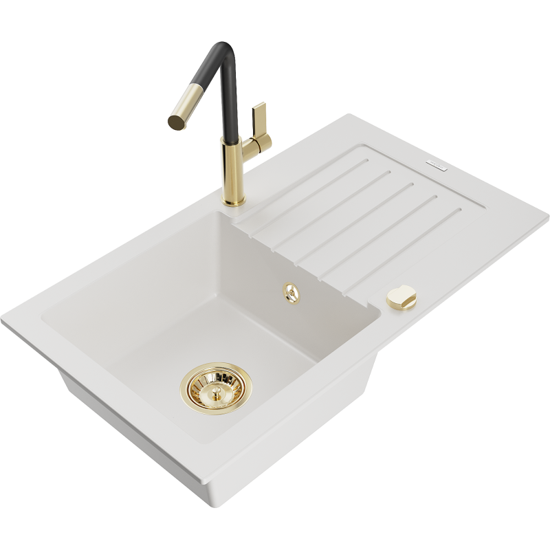 Mexen Pablo graniittinen yksialtainen keittiöallas valutustasolla ja Flora-keittiöhana, valkoinen - 6510-20-670401-57-G