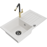 Mexen Pablo 1-bowl granite sink with drainer and Flora kitchen tap, white - 6510-20-670401-57-B