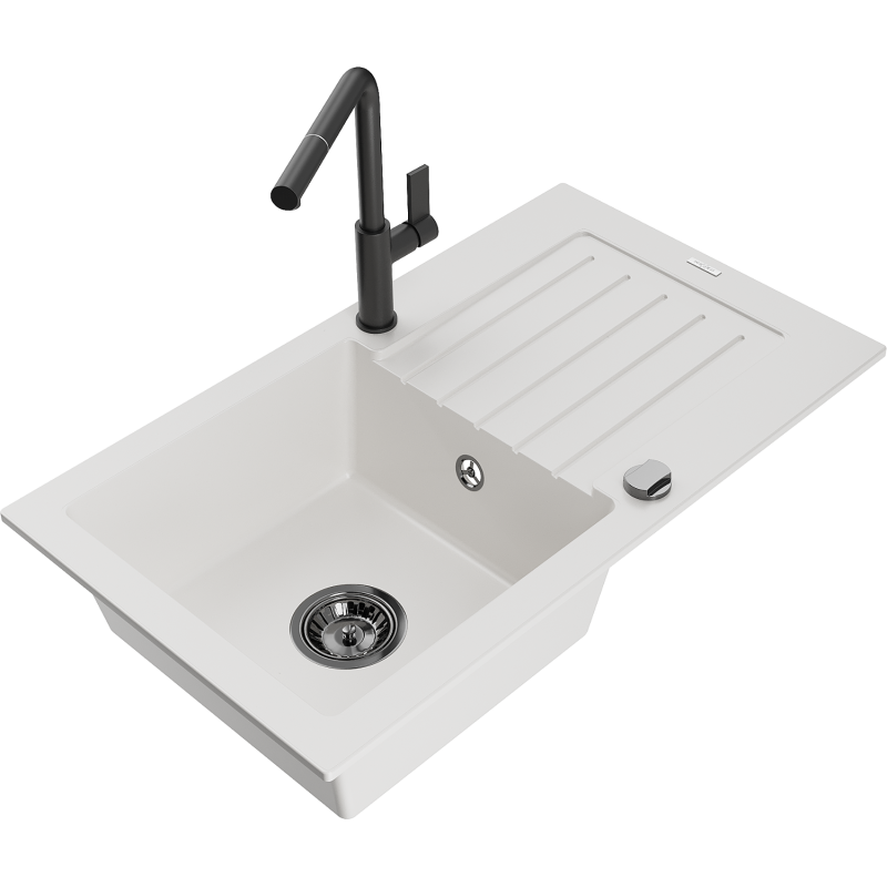 Mexen Pablo 1-bowl granite sink with drainer and Flora kitchen tap, white - 6510-20-670401-70-B