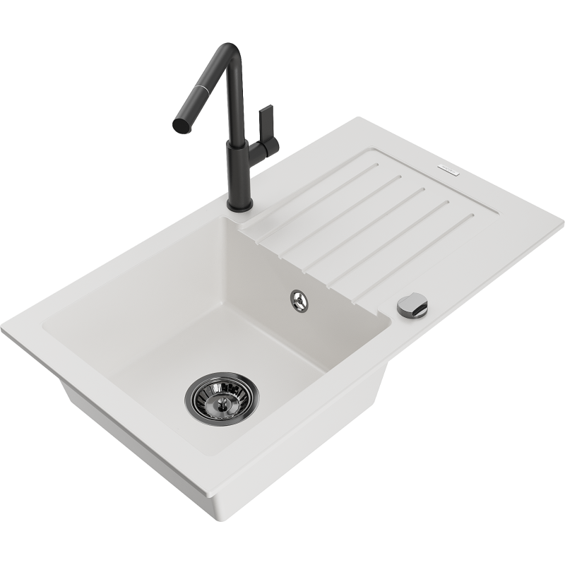 Mexen Pablo Graniittinen 1-allas keittiöallas valutustasolla ja Flora-keittiöhana, valkoinen - 6510-20-670401-70-B