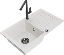 Mexen Pablo 1-bowl granite sink with drainer and Flora kitchen tap, white - 6510-20-670401-70-B