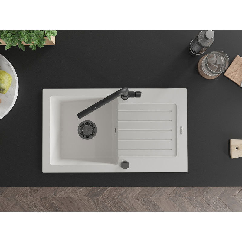 Mexen Pablo 1-bowl granite sink with drainer and Flora kitchen tap, white - 6510-20-670401-70-B