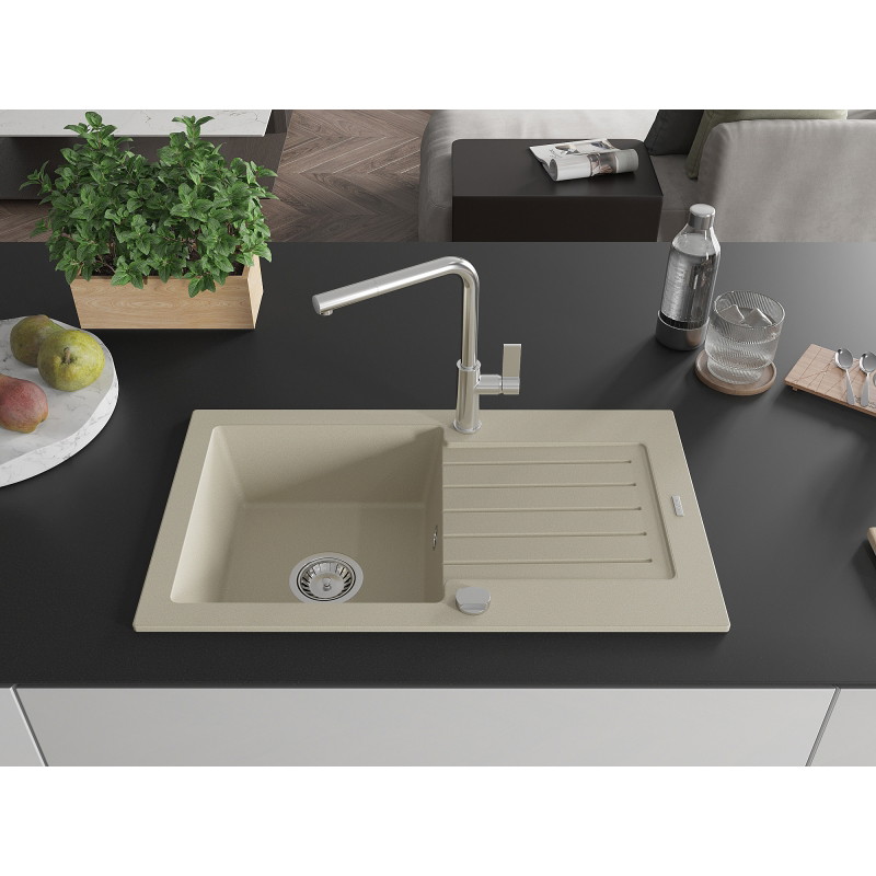 Mexen Pablo fregadero de granito de 1 cuenco con escurridor y grifo de cocina Flora, beige - 6510-69-670401-00