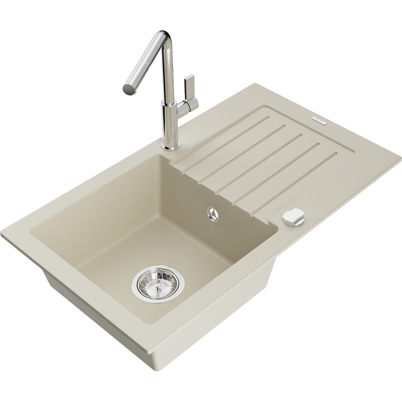 Mexen Pablo 1-bowl granite kitchen sink with draining board and Flora kitchen tap, beige - 6510-69-670401-00