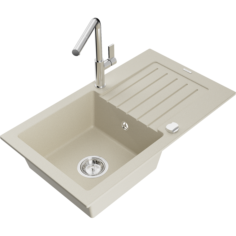 Mexen Pablo granitene Spullsteen mat enger Schoss an engem Drainboard an enger Kichekran Flora, beige - 6510-69-670401-00