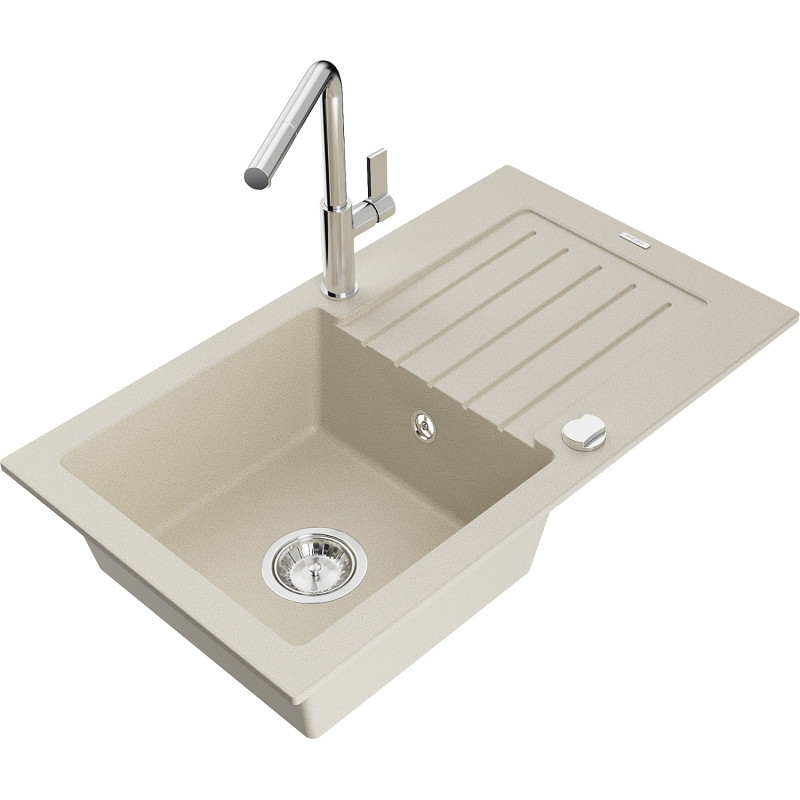 Mexen Pablo granitspüle 1-becken mit abtropfbrett und küchenarmatur Flora, beige - 6510-69-670401-00