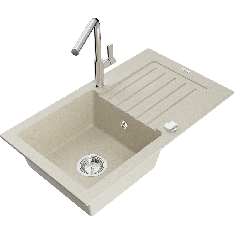 Mexen Pablo Granitspüle 1-Becken mit Abtropffläche und Küchenarmatur Flora, beige - 6510-69-670401-00